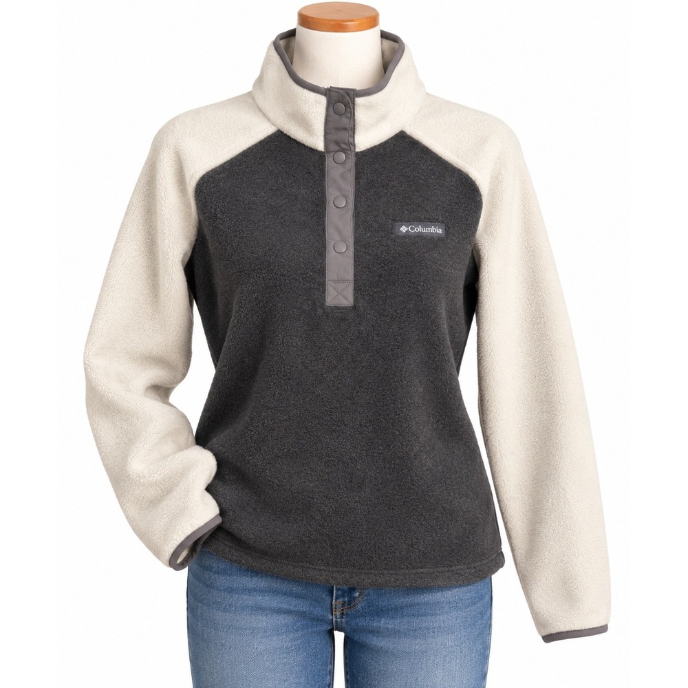 Columbia Womens Benton Springs Fleece Pullover Grey Cream Snap Neck XL4973 M